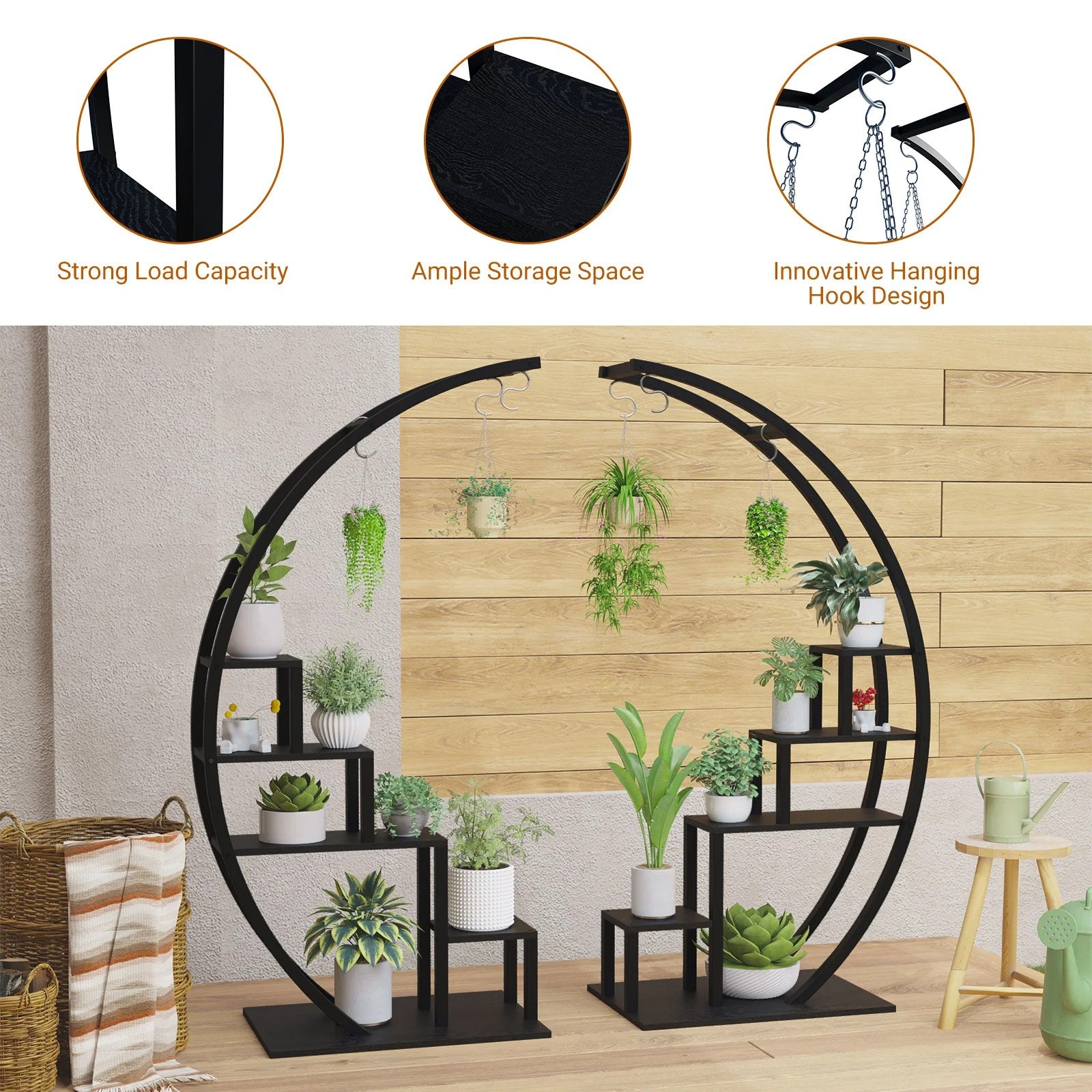 plant stand details showing shelf space, frame, and hanging hook design