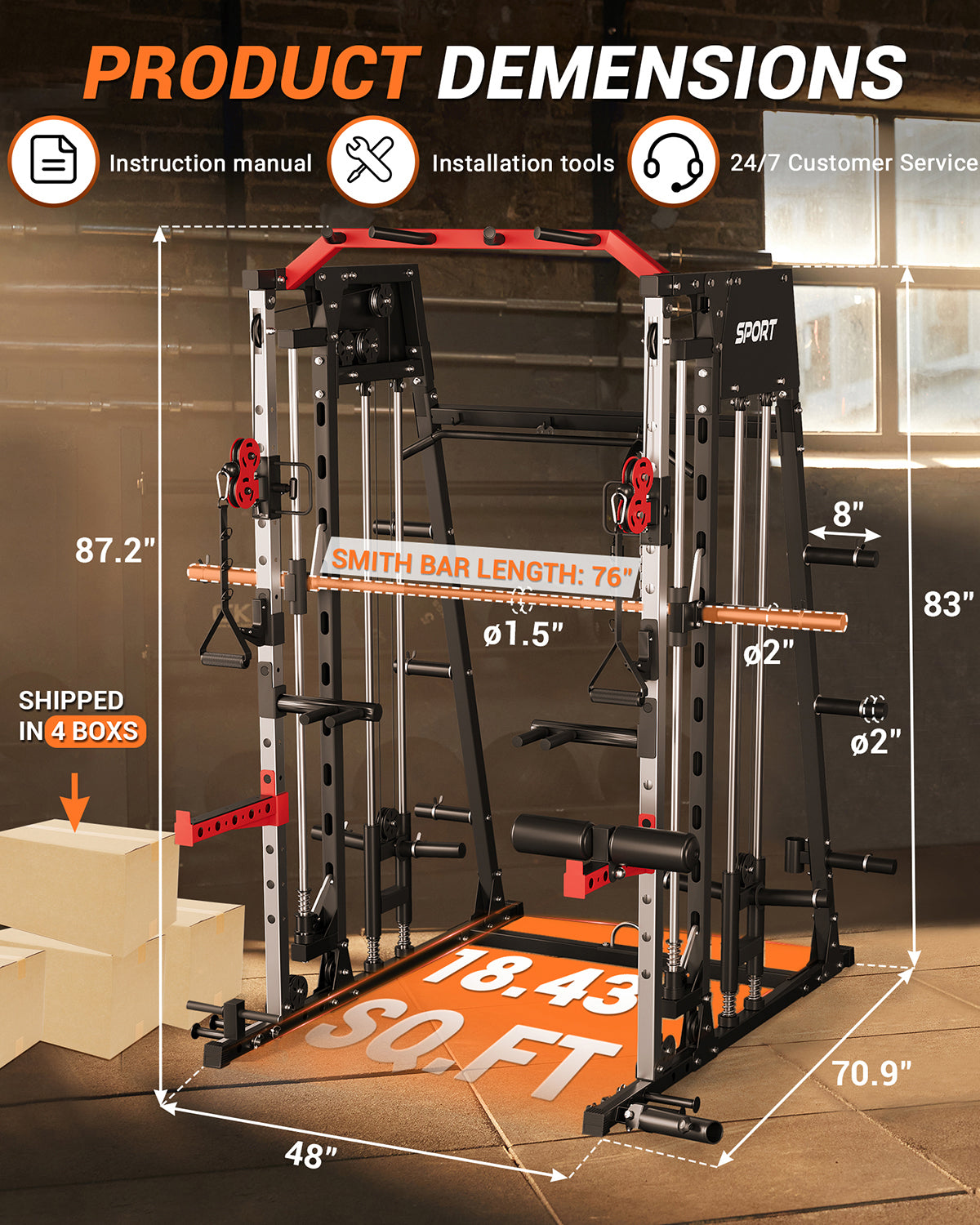Garvee Smith Machine All-in-One Power Cage with LAT Pull-Down Cable Crossover Squat Rack Weight Bar Adjustable Height 2mm Steel