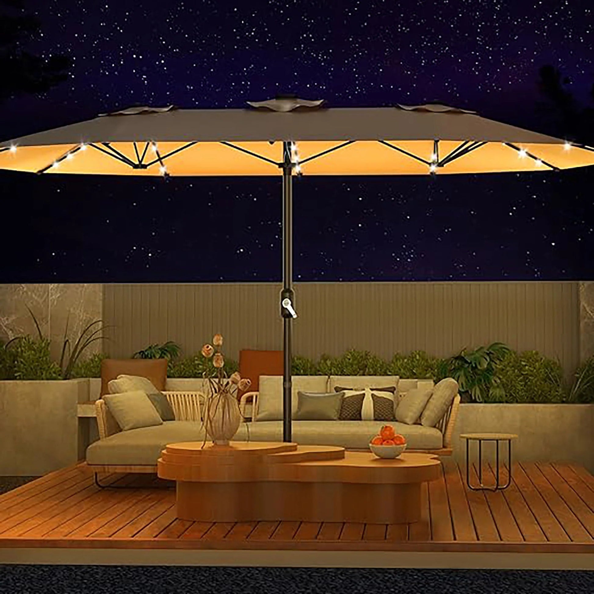Garvee 15FT Double-Sided Patio Umbrella with 36 Solar-Powered LED Lights – Heavy-Duty Rectangular Outdoor Sun Shade – Fade-Resistant Canopy – With Base – For Pool, Garden, Backyard, Deck – Beige