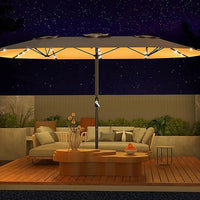 Garvee 15FT Double-Sided Patio Umbrella with 36 Solar-Powered LED Lights – Heavy-Duty Rectangular Outdoor Sun Shade – Fade-Resistant Canopy – With Base – For Pool, Garden, Backyard, Deck – Beige