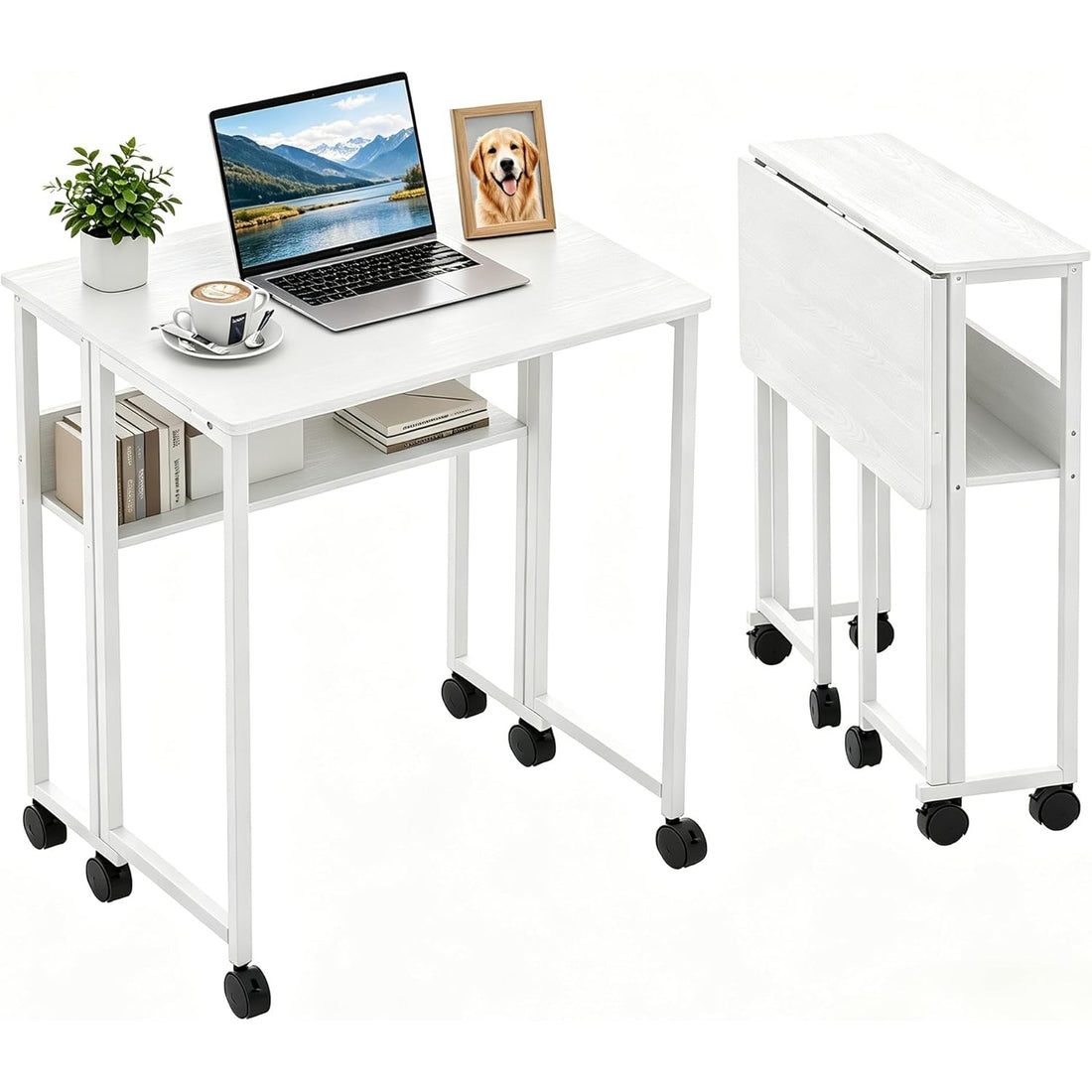 Garvee Bureau pliant Petit bureau roulant avec étagère de rangement pour le bureau à domicile ou l'étude 63 cm Blanc Pliable Gain de place