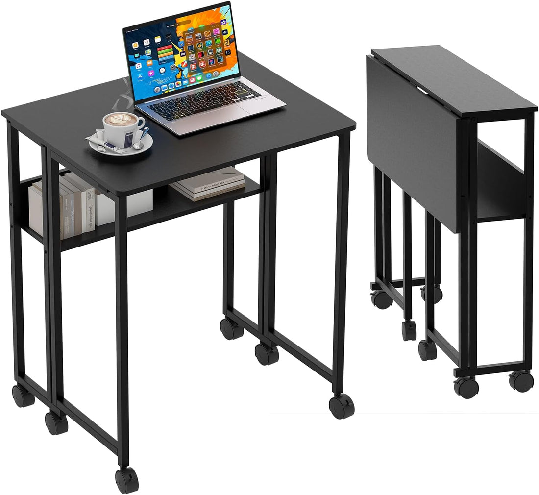 Garvee Bureau pliant, petite table roulante avec étagère de rangement pour bureau et étude à domicile, 63 cm, noir, table d'ordinateur pliable et peu encombrante