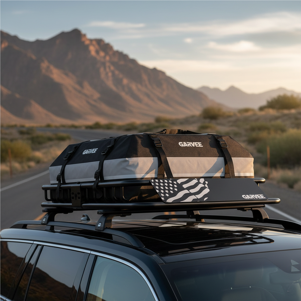 Waterproof luggage bag secured on roof rack basket