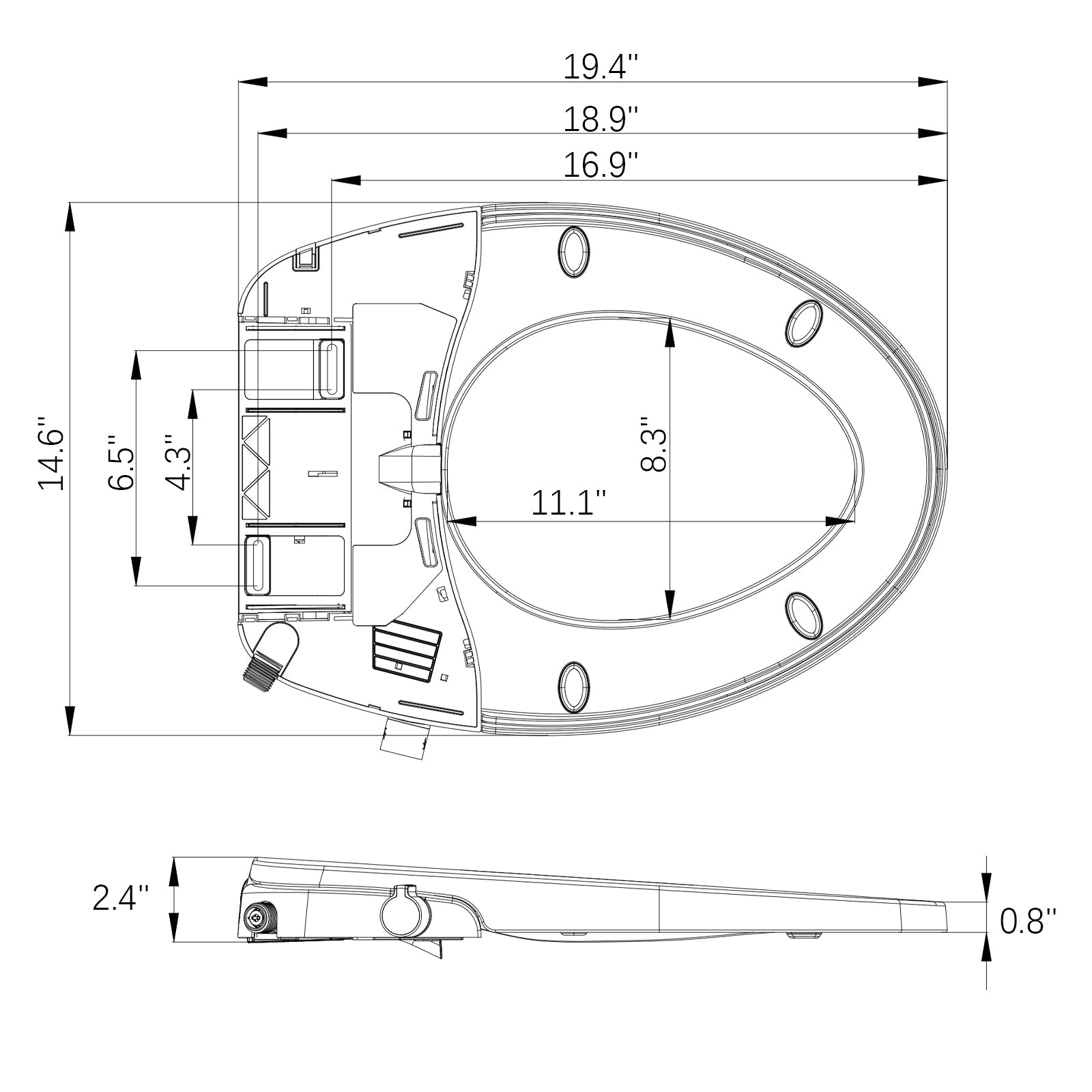 Round toilet seat size and fit diagram (19 inch)