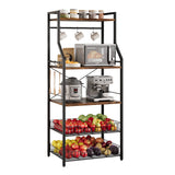 Garvee Kitchen Bakers Rack with Microwave Stand, 2 Large Wire Baskets, Industrial Coffee Bar Station with MDF Board, 5-Tier Storage Shelf, 8 Hooks for Kitchen Storage, Brown - Brown
