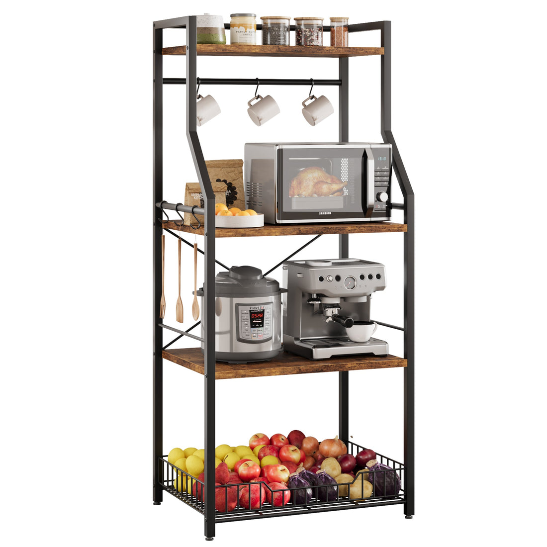 Garvee Kitchen Bakers Rack, Microwave Oven Stand with Large Wire Basket, Industrial Coffee Bar Station, 4-Tier Kitchen Utility Storage Shelf with 8 Hooks for Spice, Pots Organizer, Brown