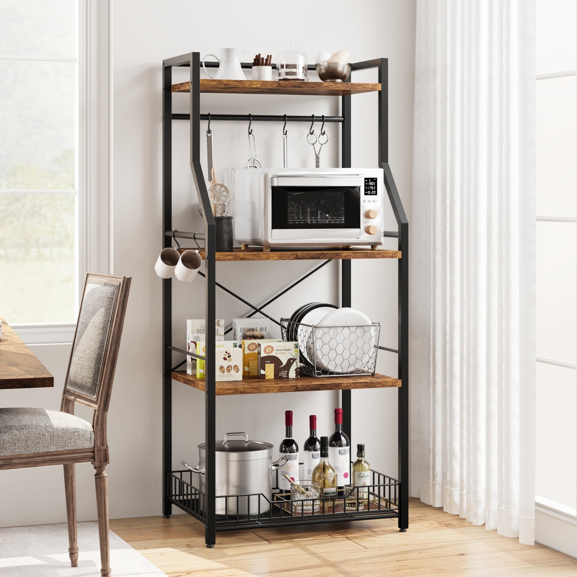 Garvee Kitchen Bakers Rack, Microwave Oven Stand with Large Wire Basket, Industrial Coffee Bar Station, 4-Tier Kitchen Utility Storage Shelf with 8 Hooks for Spice, Pots Organizer, Brown