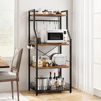 Garvee Kitchen Bakers Rack, Microwave Oven Stand with Large Wire Basket, Industrial Coffee Bar Station, 4-Tier Kitchen Utility Storage Shelf with 8 Hooks for Spice, Pots Organizer, Brown