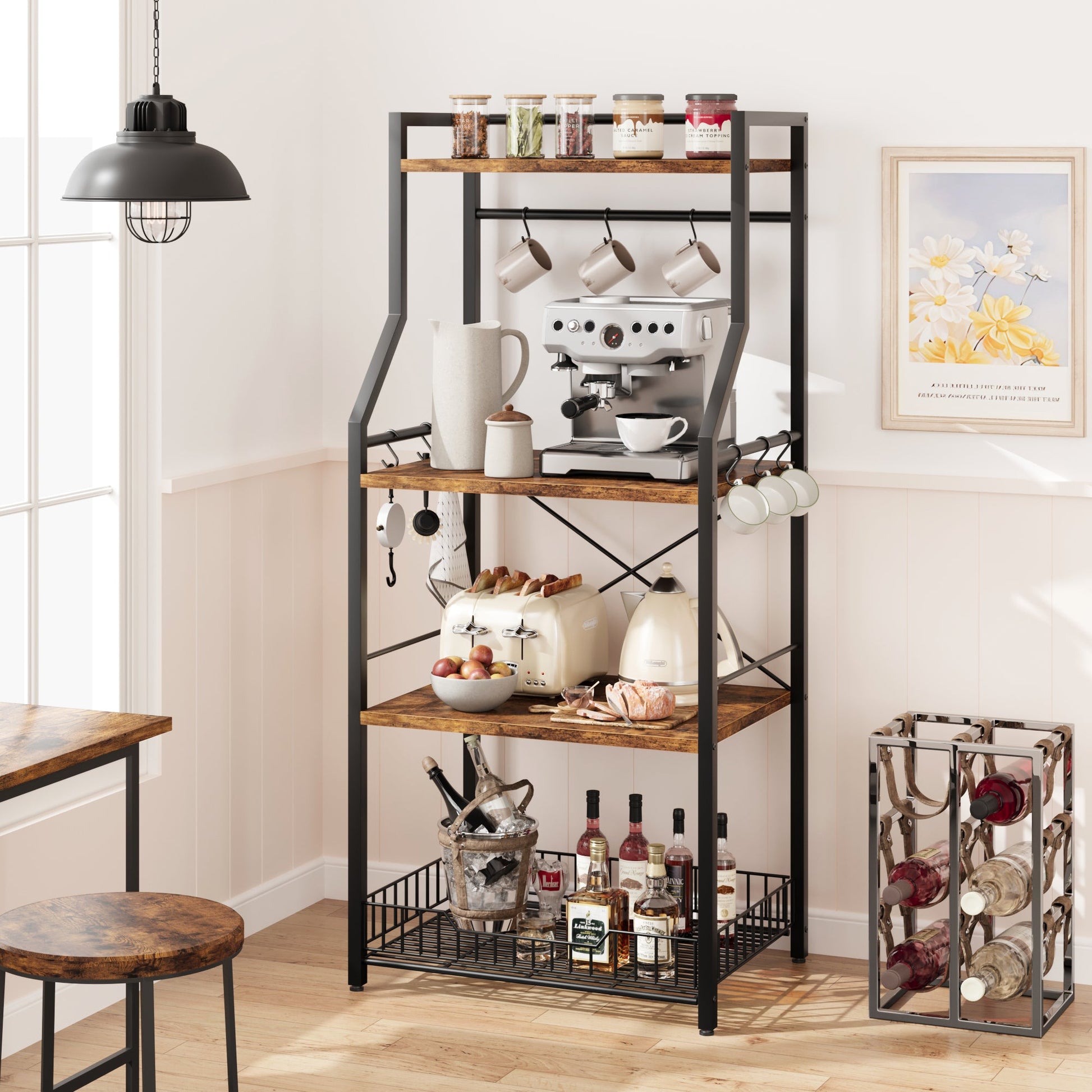 Garvee Kitchen Bakers Rack, Microwave Oven Stand with Large Wire Basket, Industrial Coffee Bar Station, 4-Tier Kitchen Utility Storage Shelf with 8 Hooks for Spice, Pots Organizer, Brown