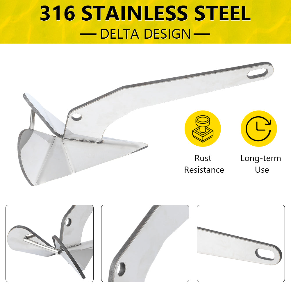 316 stainless steel delta-style boat anchor with rust resistance and long-term use callouts