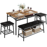 Garvee Kitchen Dining Room Table Set with Upholstered Bench and Square Stools, Metal and Wood Dining Table Set for 4 with Storage for Small Space, Brown - Brown