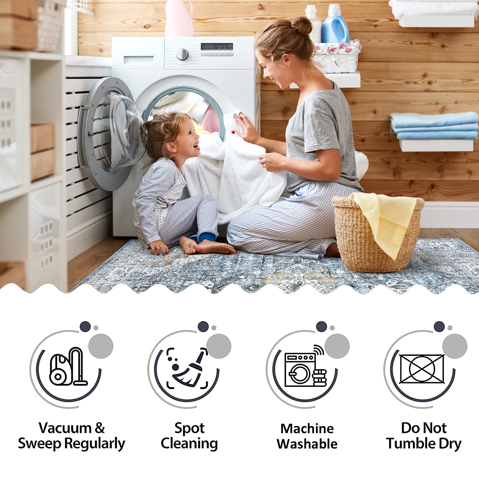 Machine washable blue runner rug care scene with cleaning icons