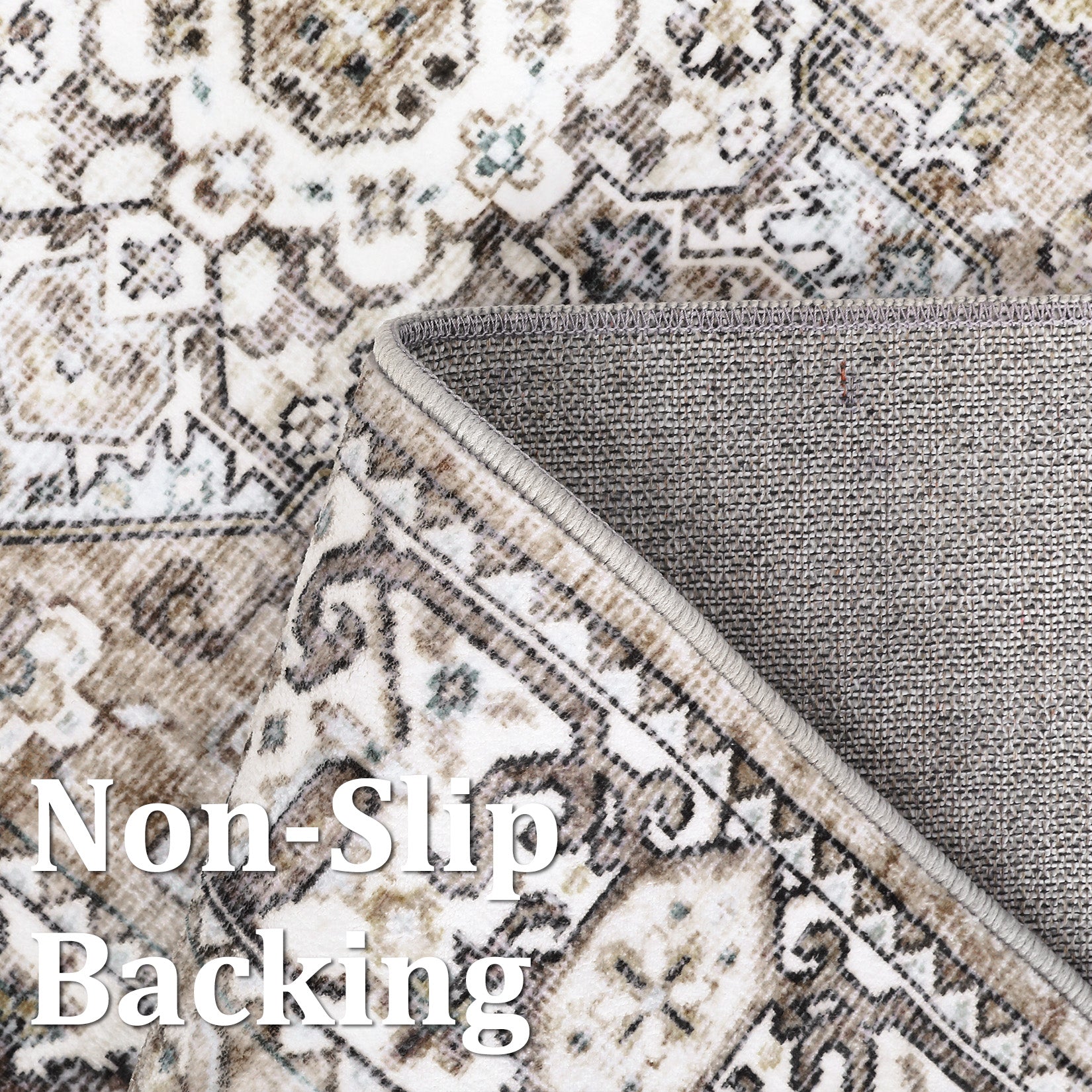 Textured thermoplastic rubber non-slip backing on the washable rug