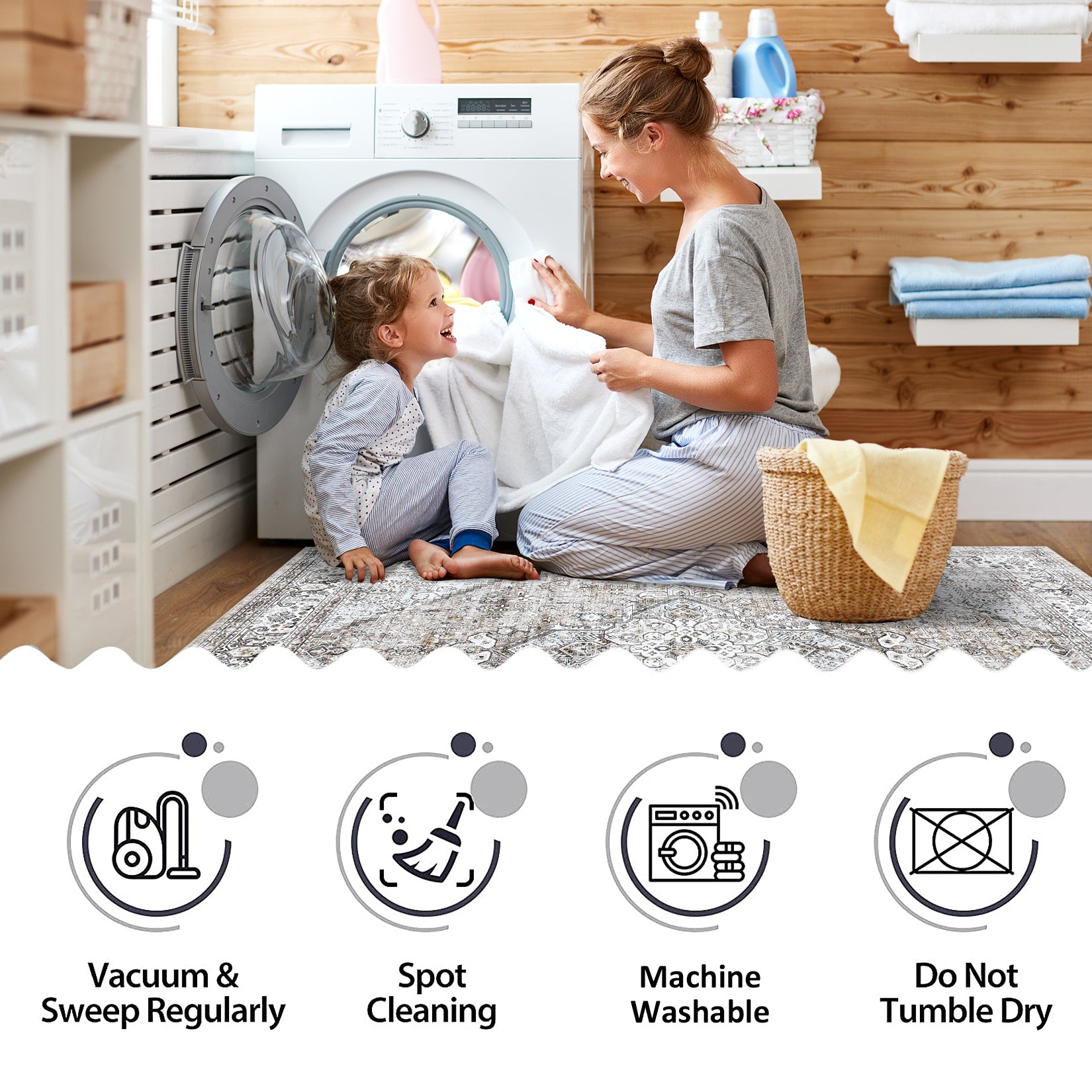Care options for camel washable rug including vacuuming spot cleaning and machine washing