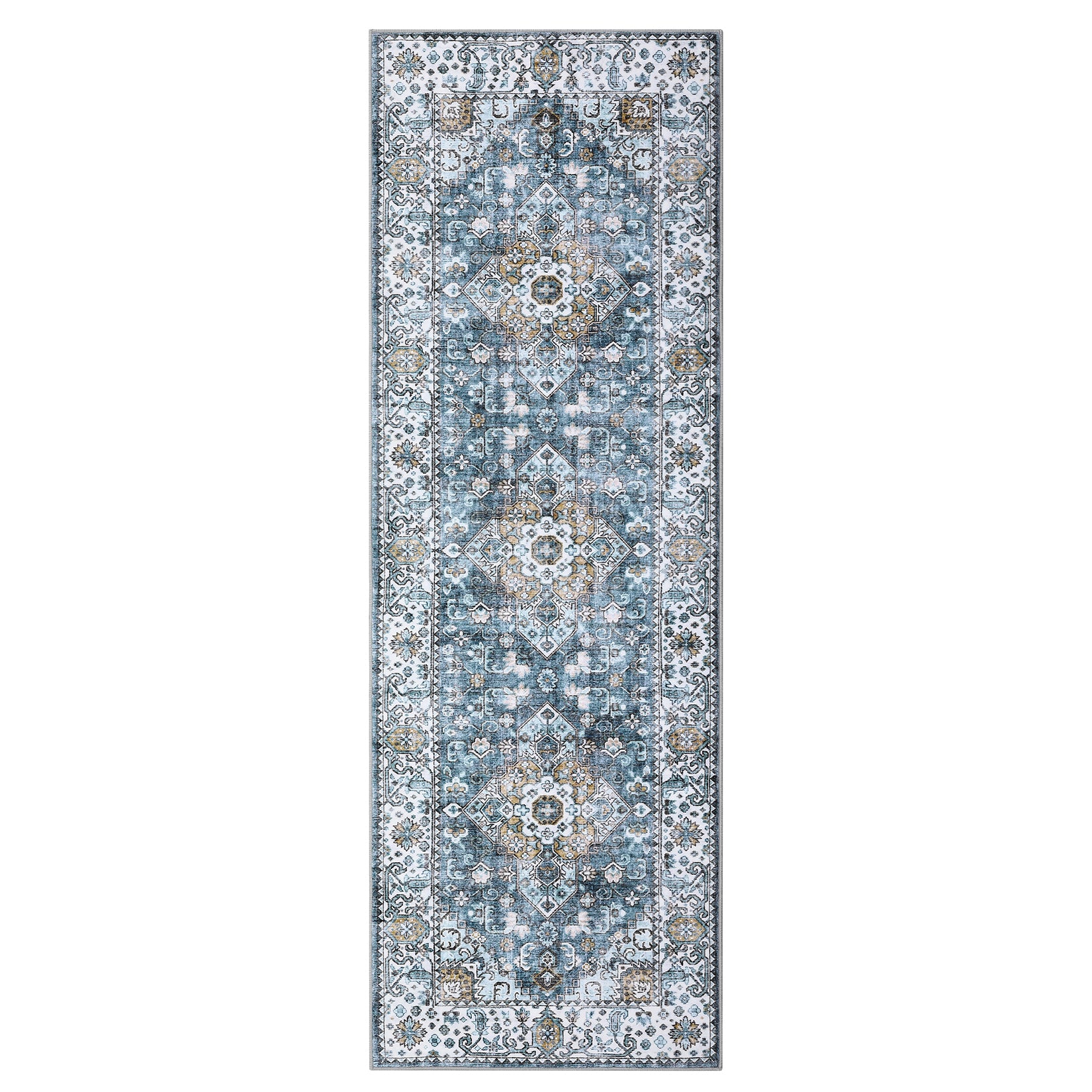 Blue vintage floral runner rug with medallion pattern