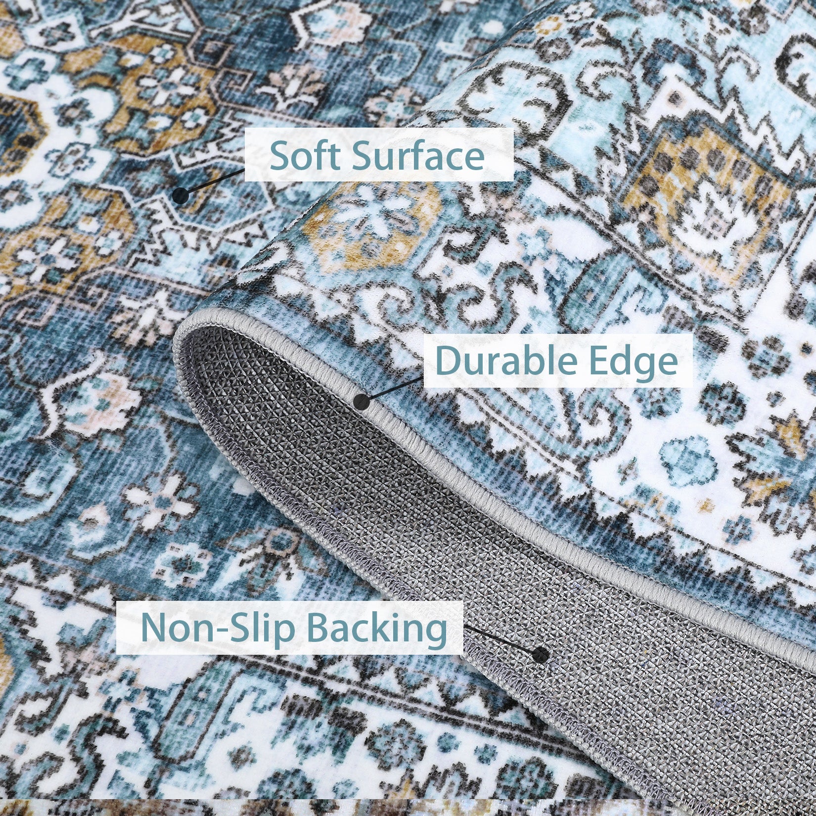 Blue area rug detail showing soft surface durable edge and non slip backing