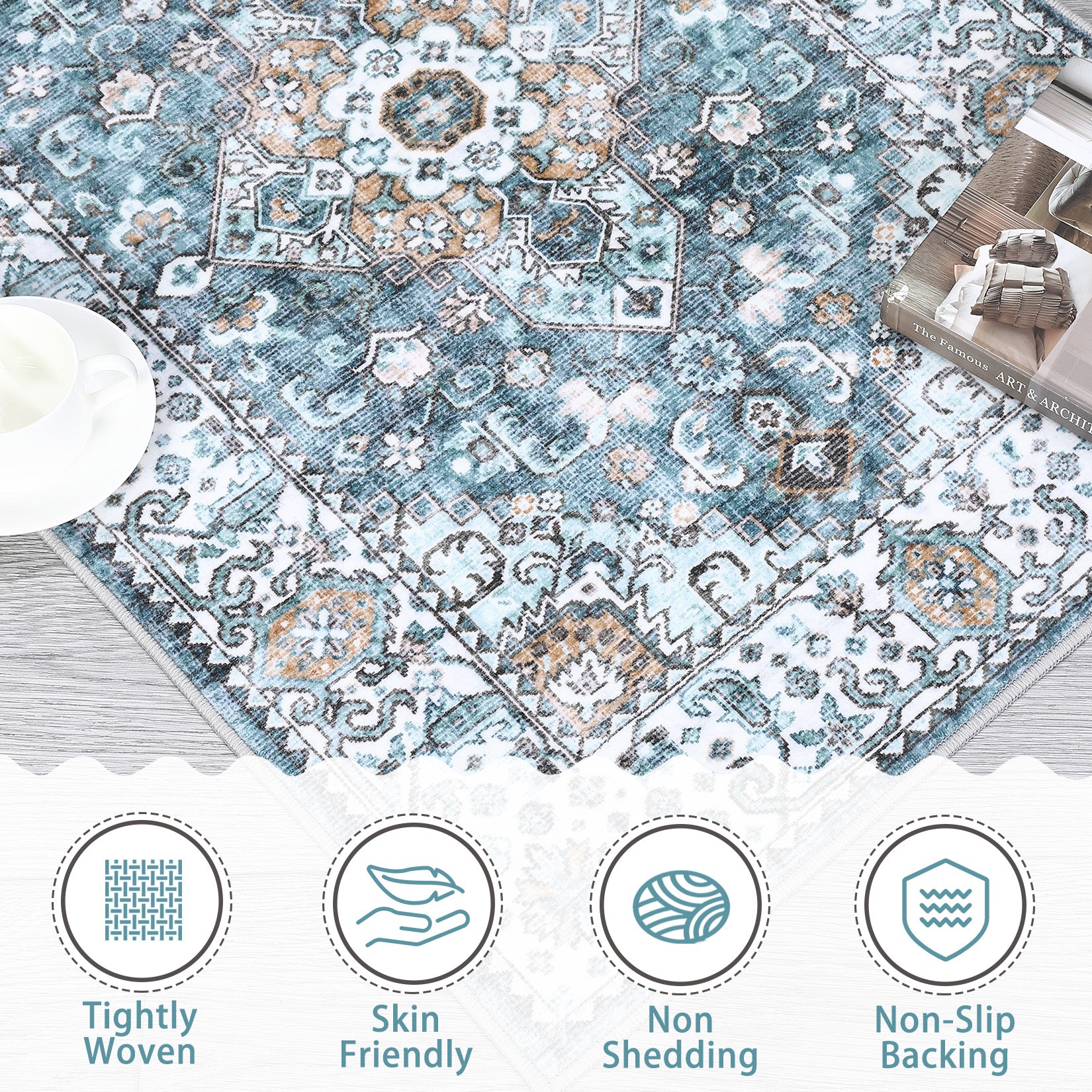 Blue area rug detail with tightly woven non shedding and non slip backing icons