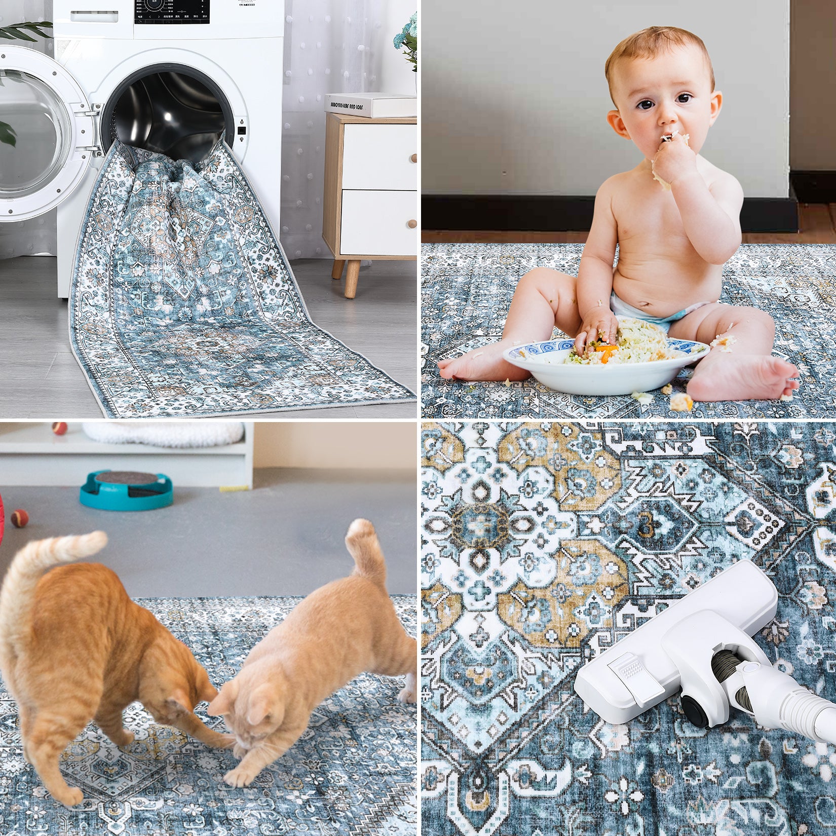 Blue washable area rug shown with vacuum machine wash and family care scenes