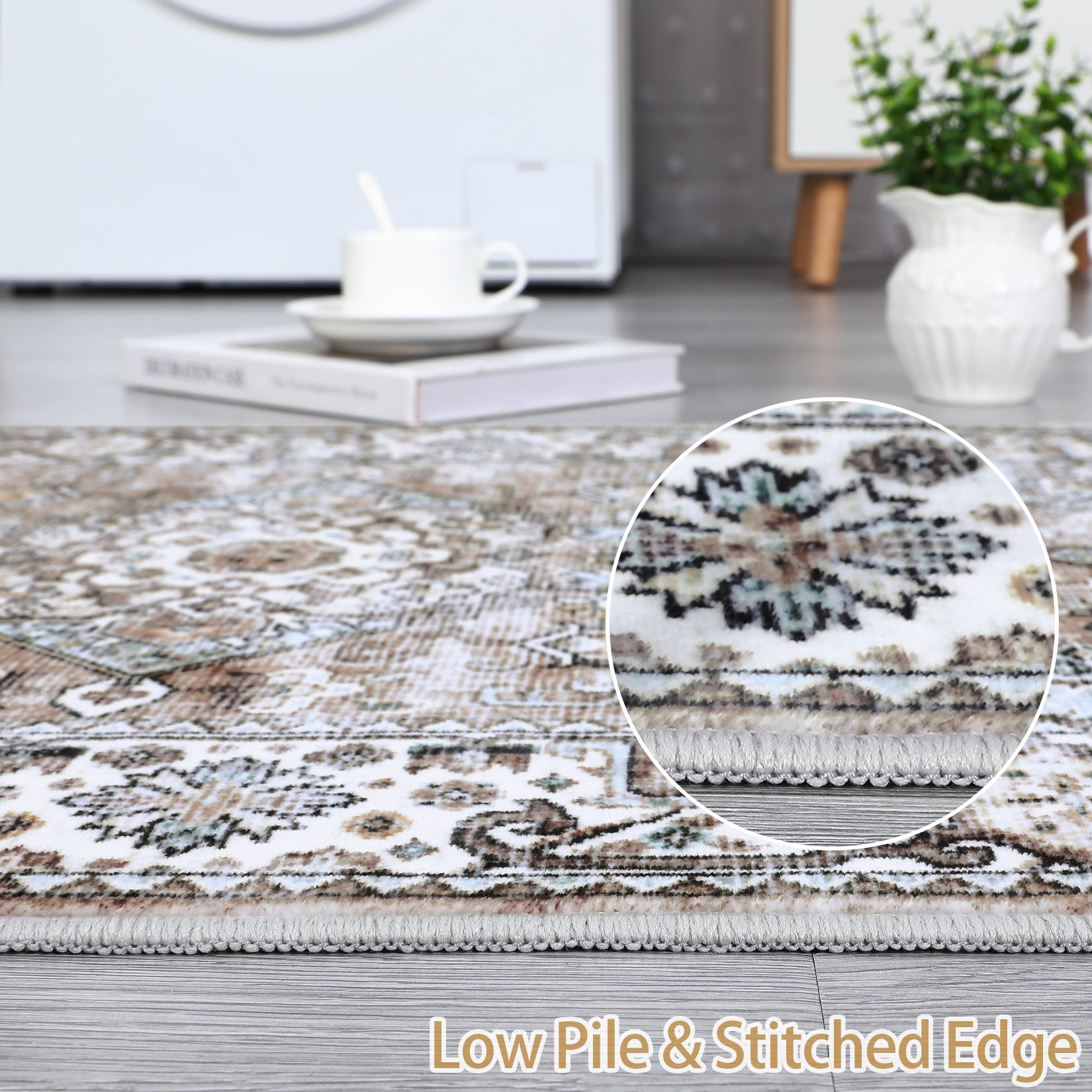 Close view of camel washable rug low pile surface and stitched edge