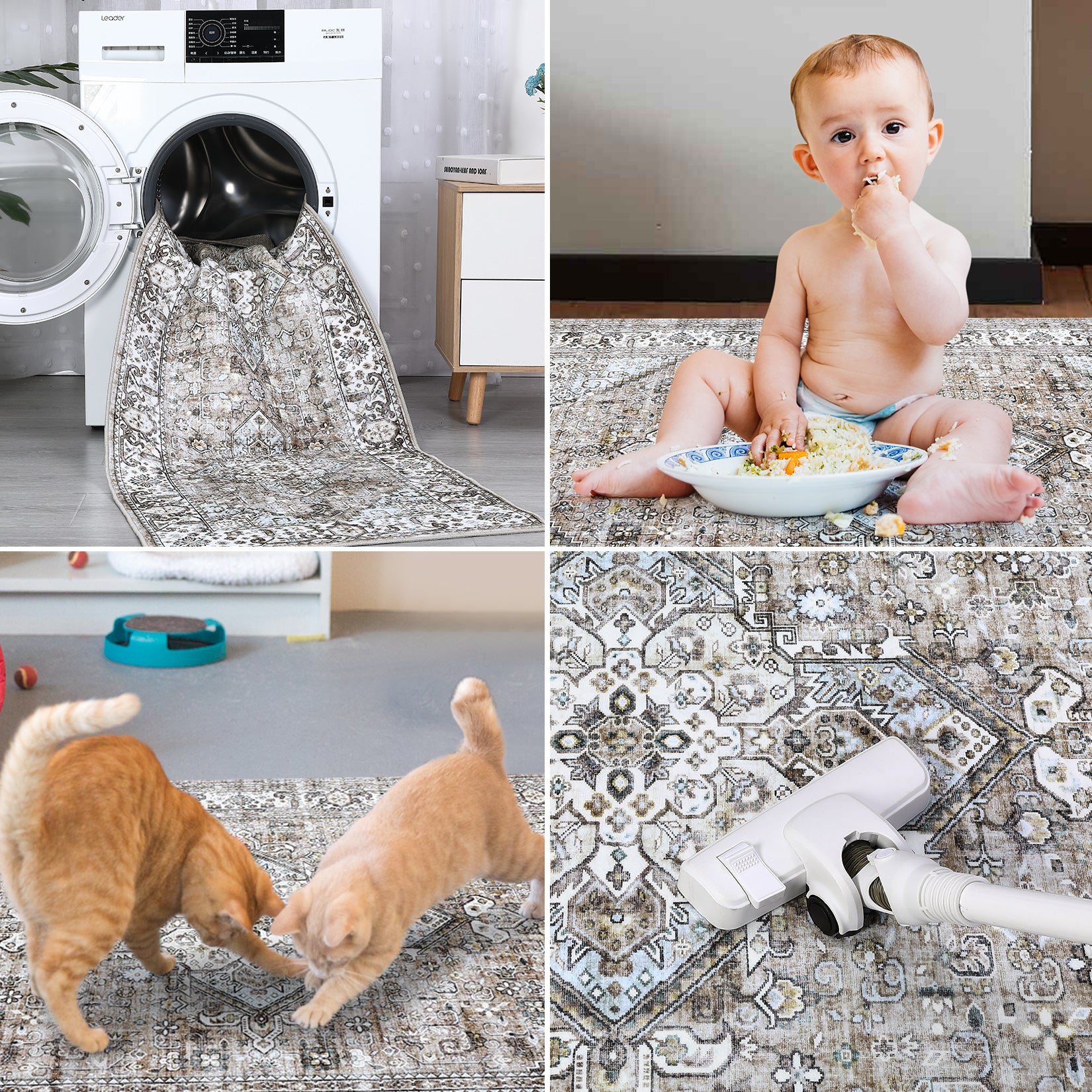 Care options for camel washable rug including vacuuming spot cleaning and machine washing