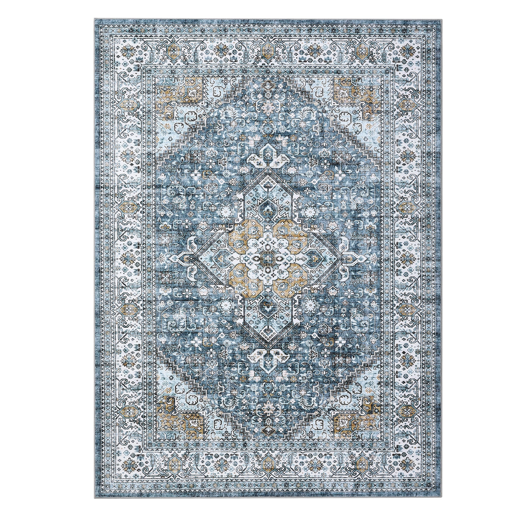 Blue vintage floral 9 x 12 area rug with distressed medallion pattern