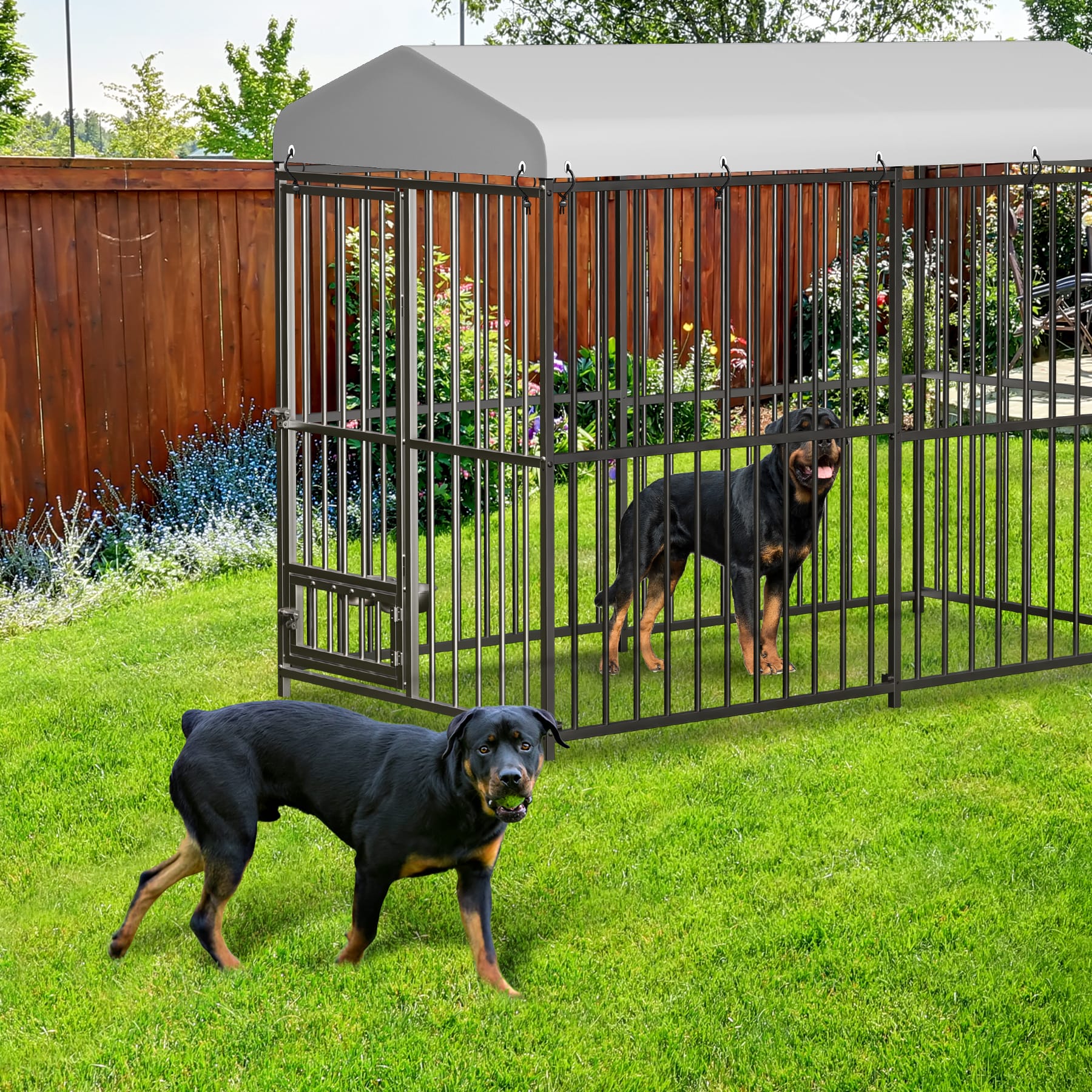 Garvee Grand Chenil d'extérieur Robuste 2,4 × 1,2 × 1,8 m avec Verrou, Gamelle Rotative en Acier Inoxydable, Toit Étanche, pour Toutes les Races de Chiens, en Métal, Résistant aux Intempéries