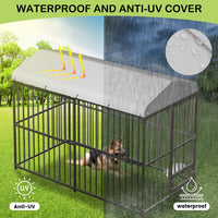 Garvee Grand Chenil d'extérieur Robuste 2,4 × 1,2 × 1,8 m avec Verrou, Gamelle Rotative en Acier Inoxydable, Toit Étanche, pour Toutes les Races de Chiens, en Métal, Résistant aux Intempéries
