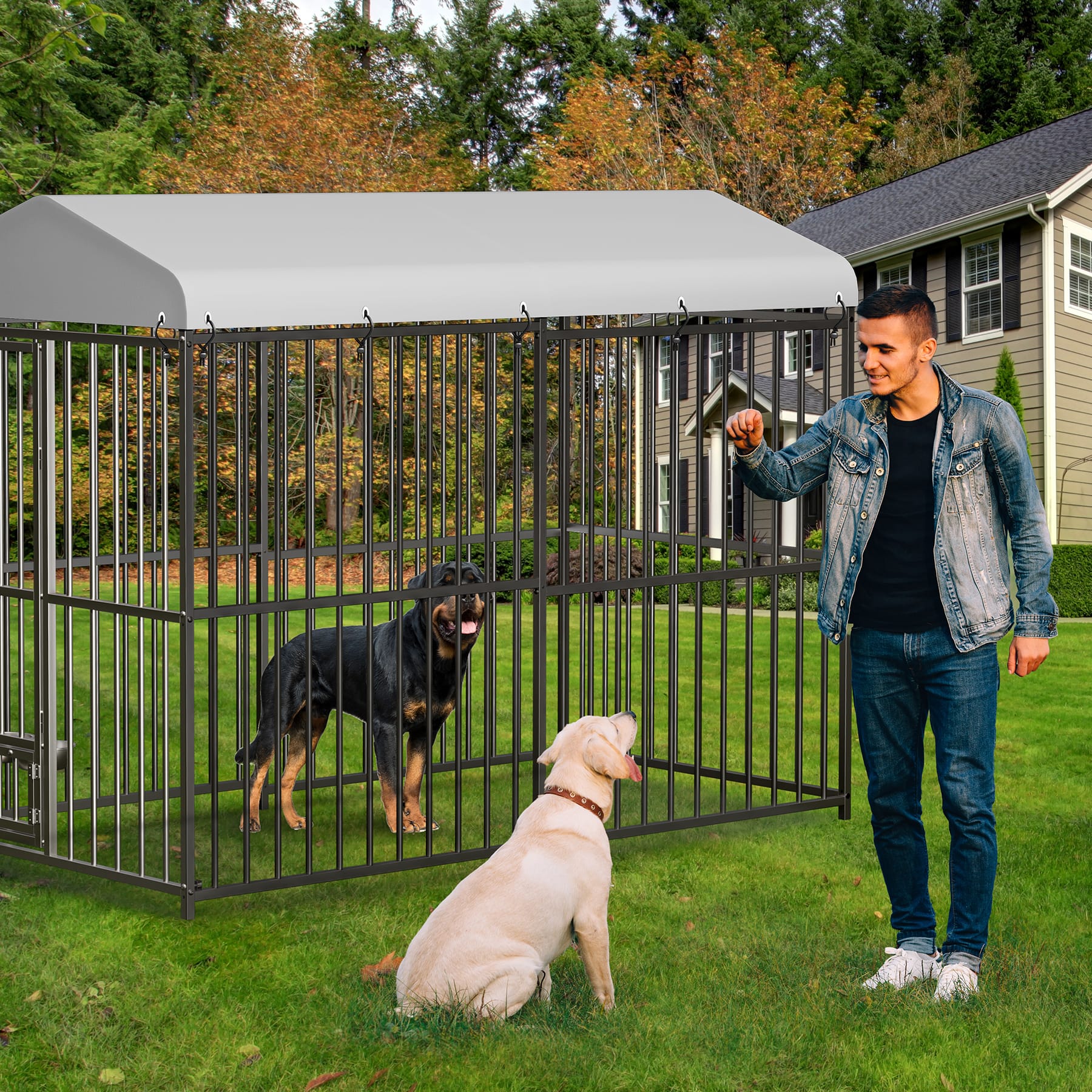 Garvee Grand Chenil d'extérieur Robuste 2,4 × 1,2 × 1,8 m avec Verrou, Gamelle Rotative en Acier Inoxydable, Toit Étanche, pour Toutes les Races de Chiens, en Métal, Résistant aux Intempéries