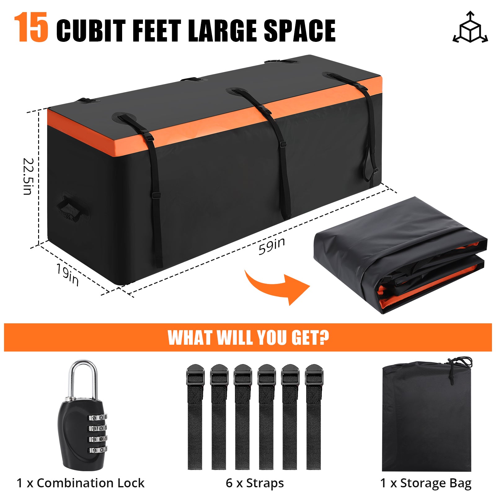Capacity diagram for the 15 cu ft cargo bag with straps, combination lock, storage bag, and marked dimensions