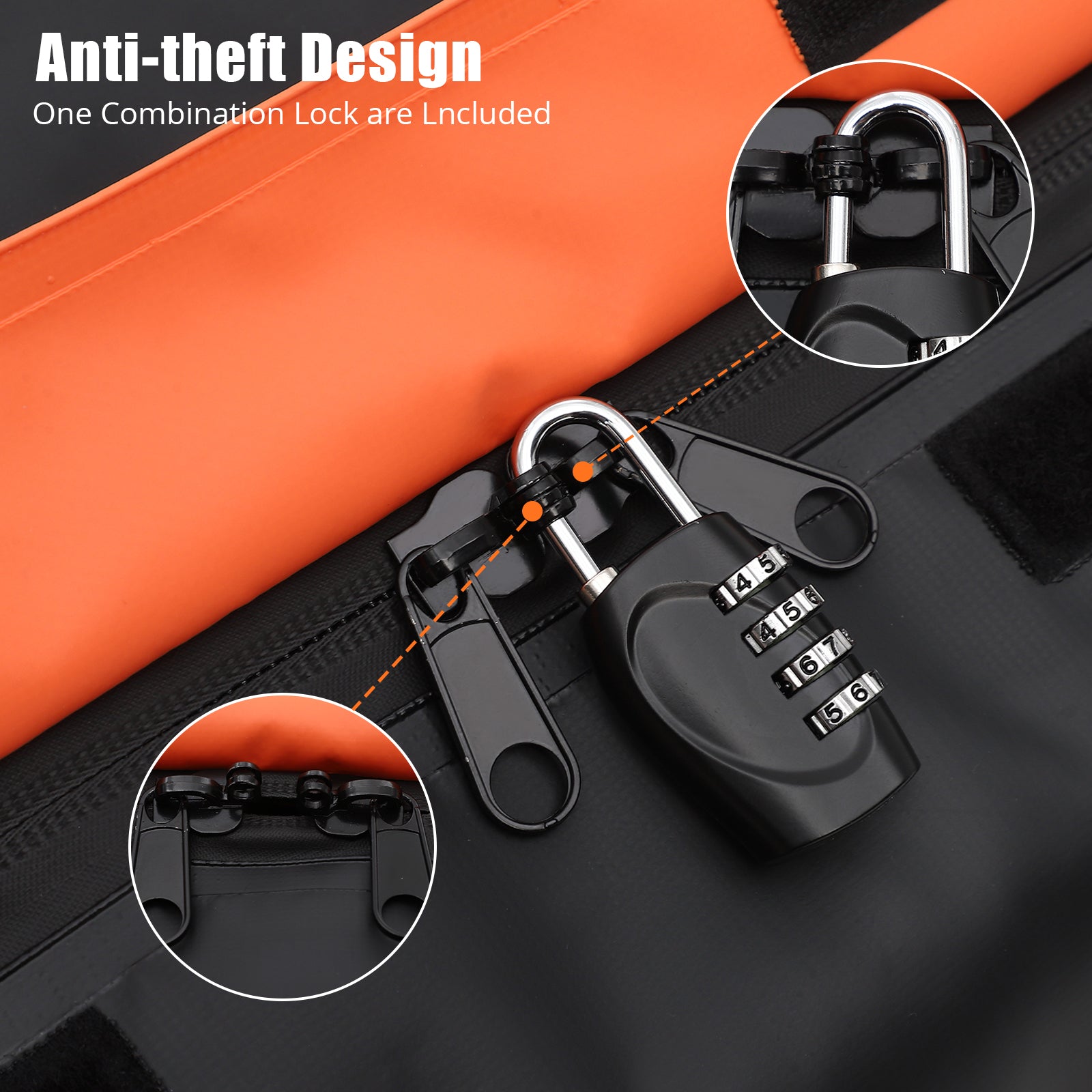 Combination lock securing the dual zipper pulls on the black hitch cargo carrier bag