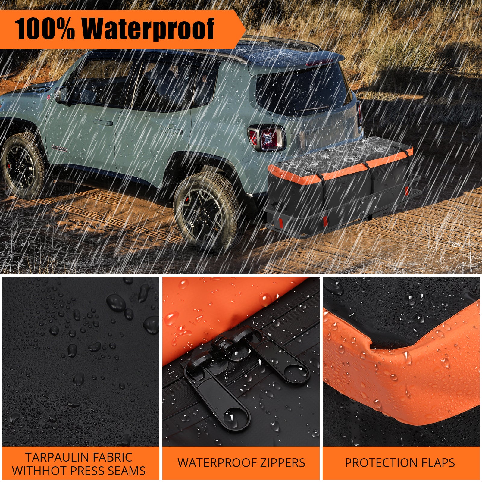 Waterproof hitch cargo bag in rain with tarpaulin fabric, sealed zipper area, and protective flaps