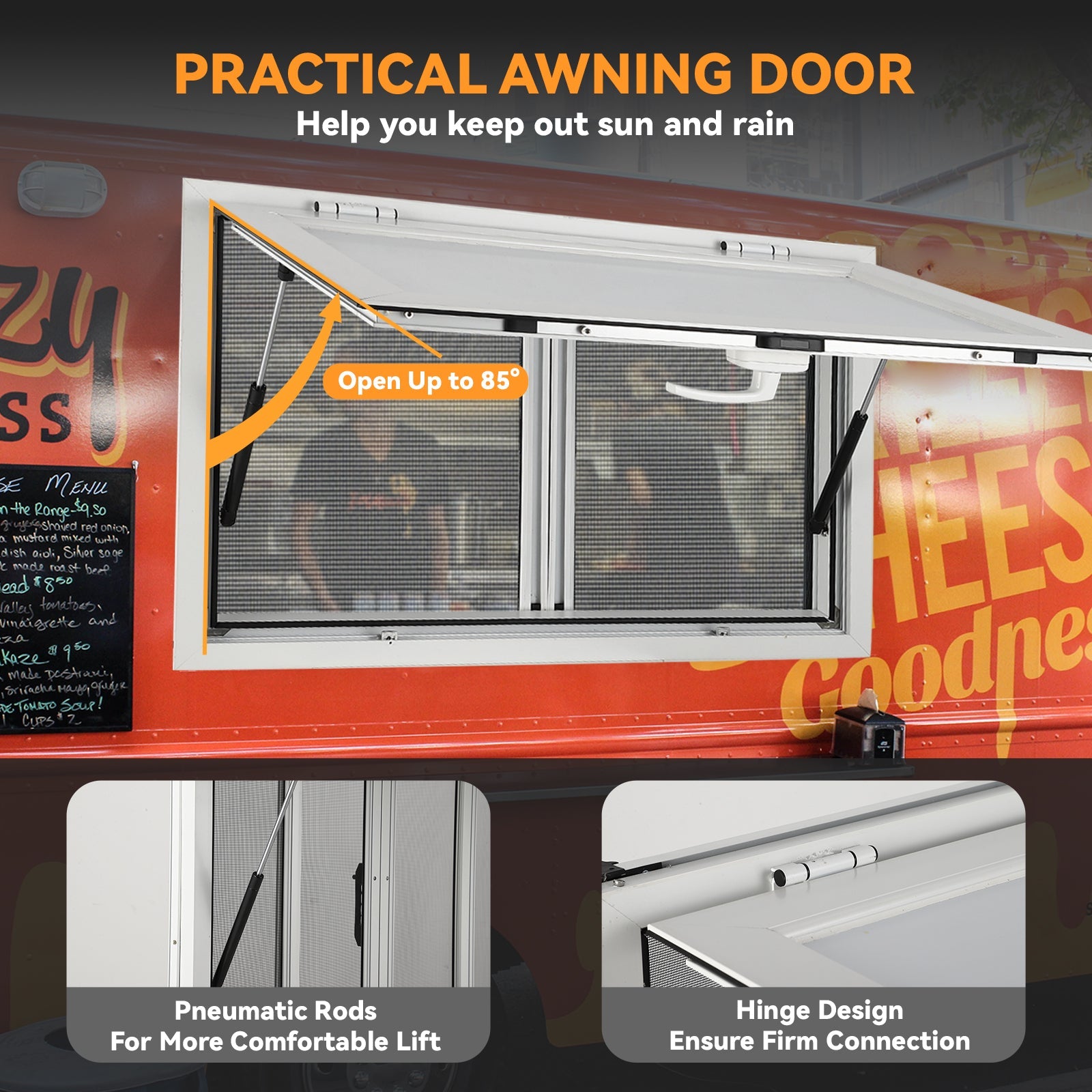 Awning door opens smoothly up to 85 degrees