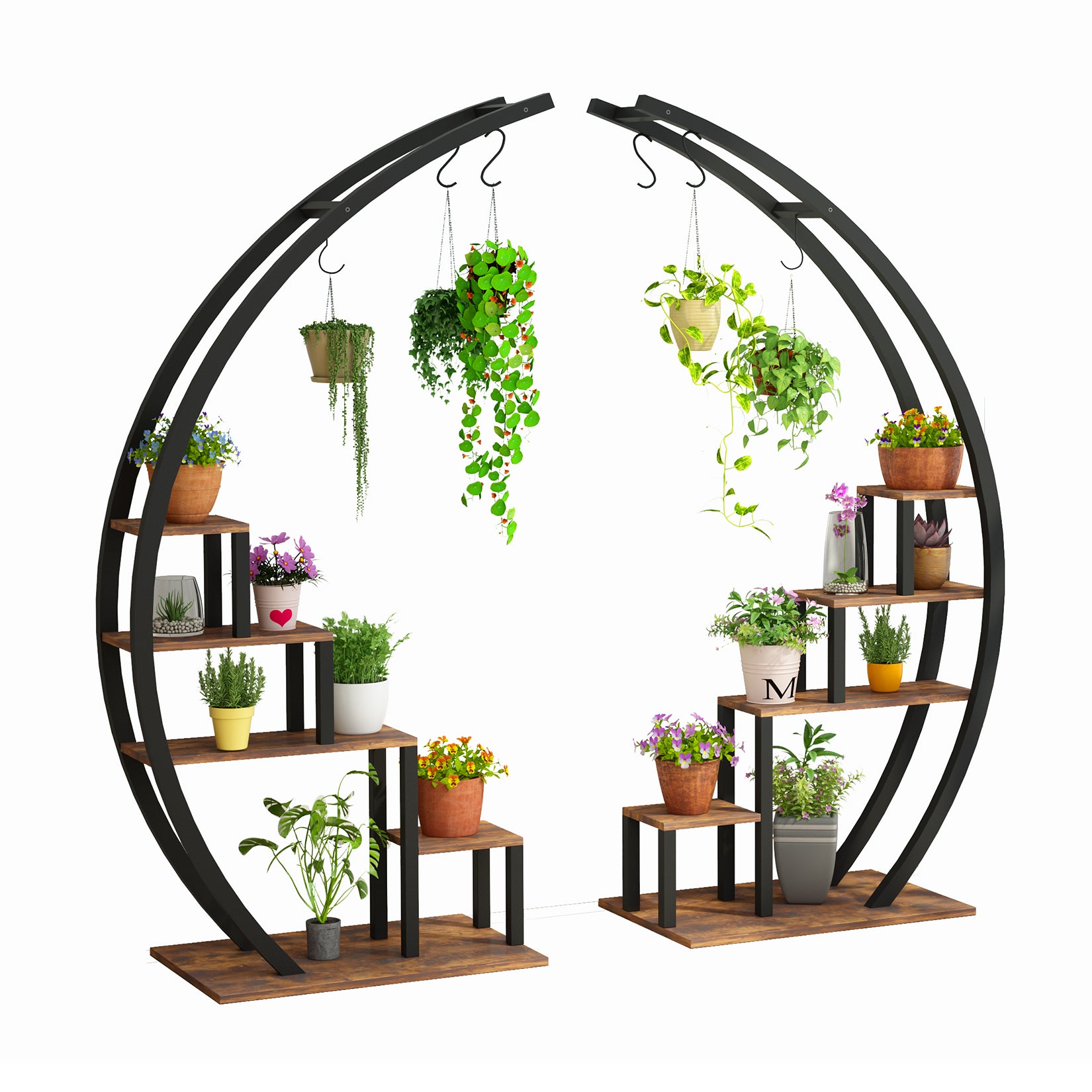 Garvee curved plant stand with closeups of shelf space frame support and hanging hook design