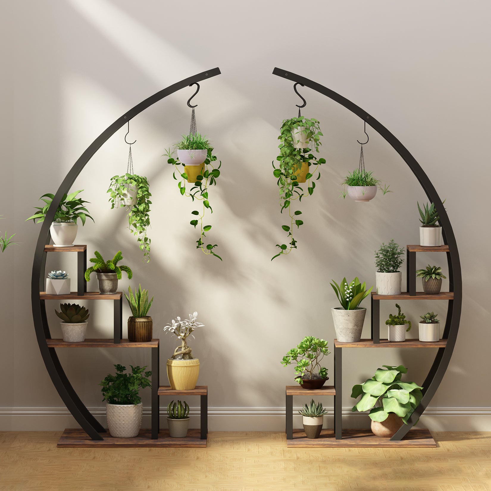 Garvee half moon metal plant stand with hanging hooks shelves and curved frame details
