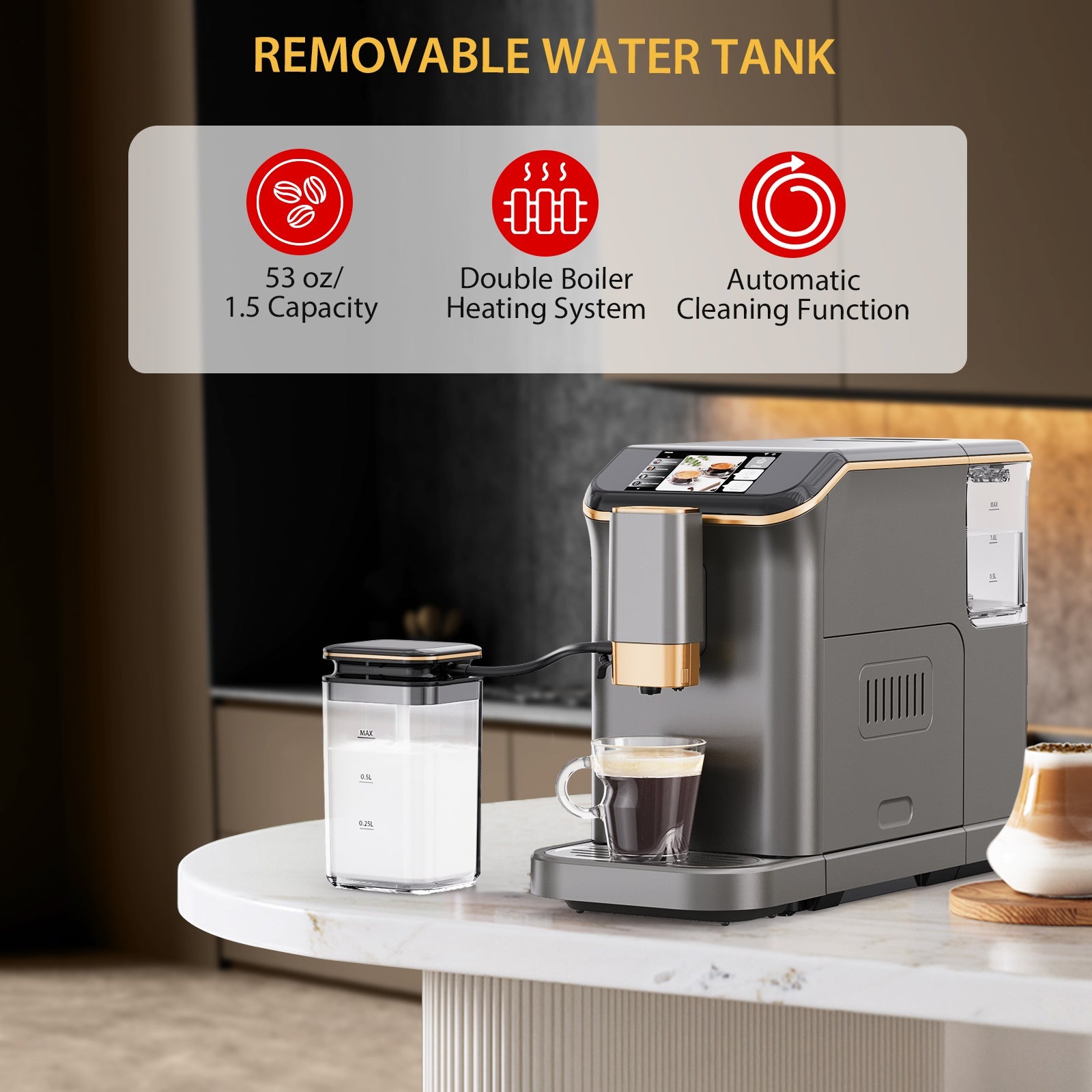 Garvee Best fully automatic espresso machine, Espresso Coffee Machines With Milk Frother Steam Wand, Insulated Milk Container for Cappuccino, Latte, Espresso Maker (20 bar, Gold)