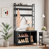 Garvee Coat Rack Shoe Bench Industrial Hall Tree Storage Bench with 3 Storage Cubbies and 8 Hooks Freestanding Entryway Coat Rack with Shoe Storage - Black