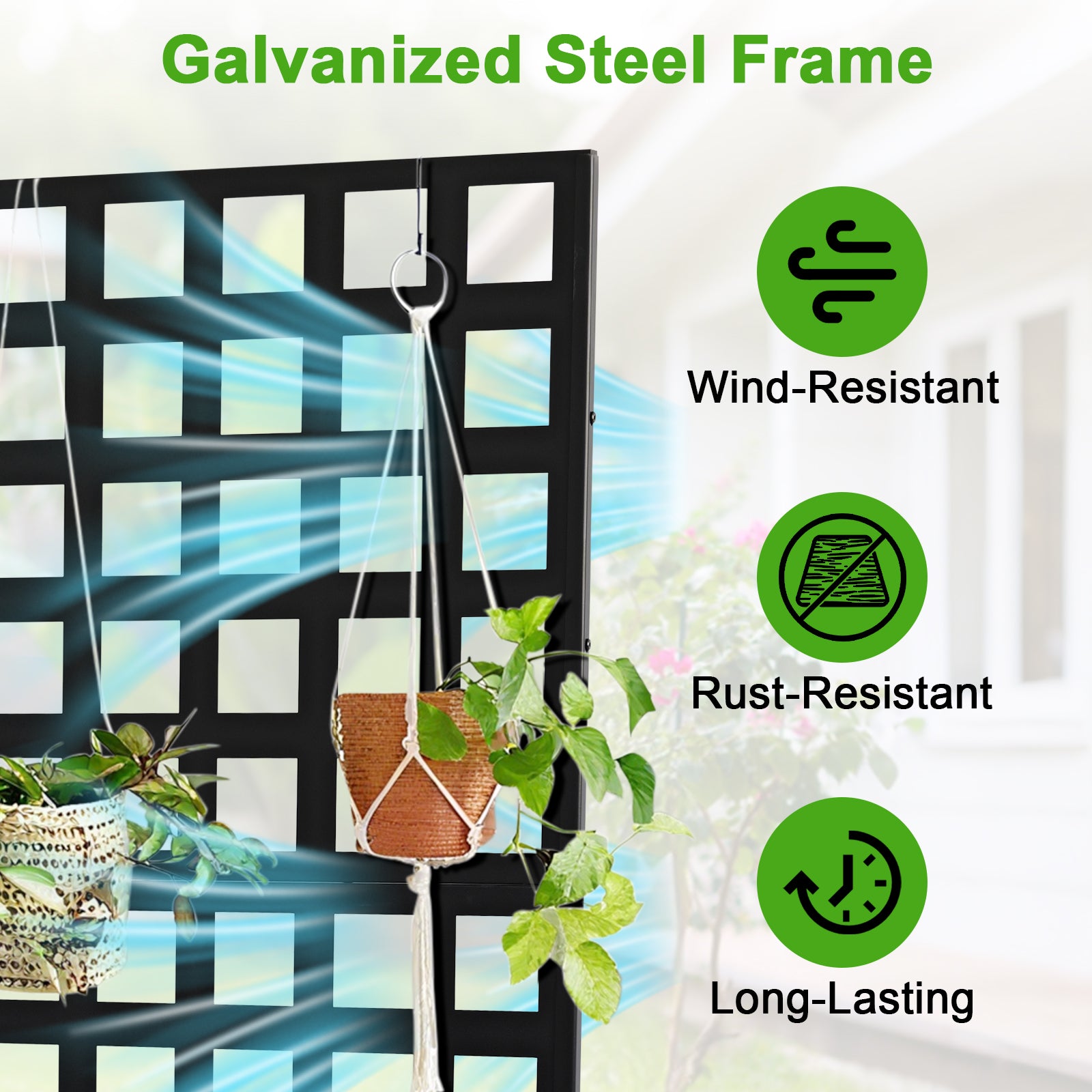 black grid trellis planter highlighting galvanized steel wind and rust resistance