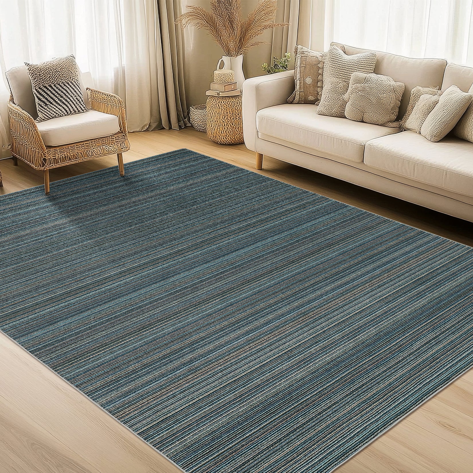 Garvee Modern Striped Washable Area Rug - Low Pile Non-Slip Contemporary Carpet - Soft, Collapsible, Mark Resistant Floor Mat for Living Room, Bedroom, Nursery, Office - Blue, 9x12ft (274x366cm)