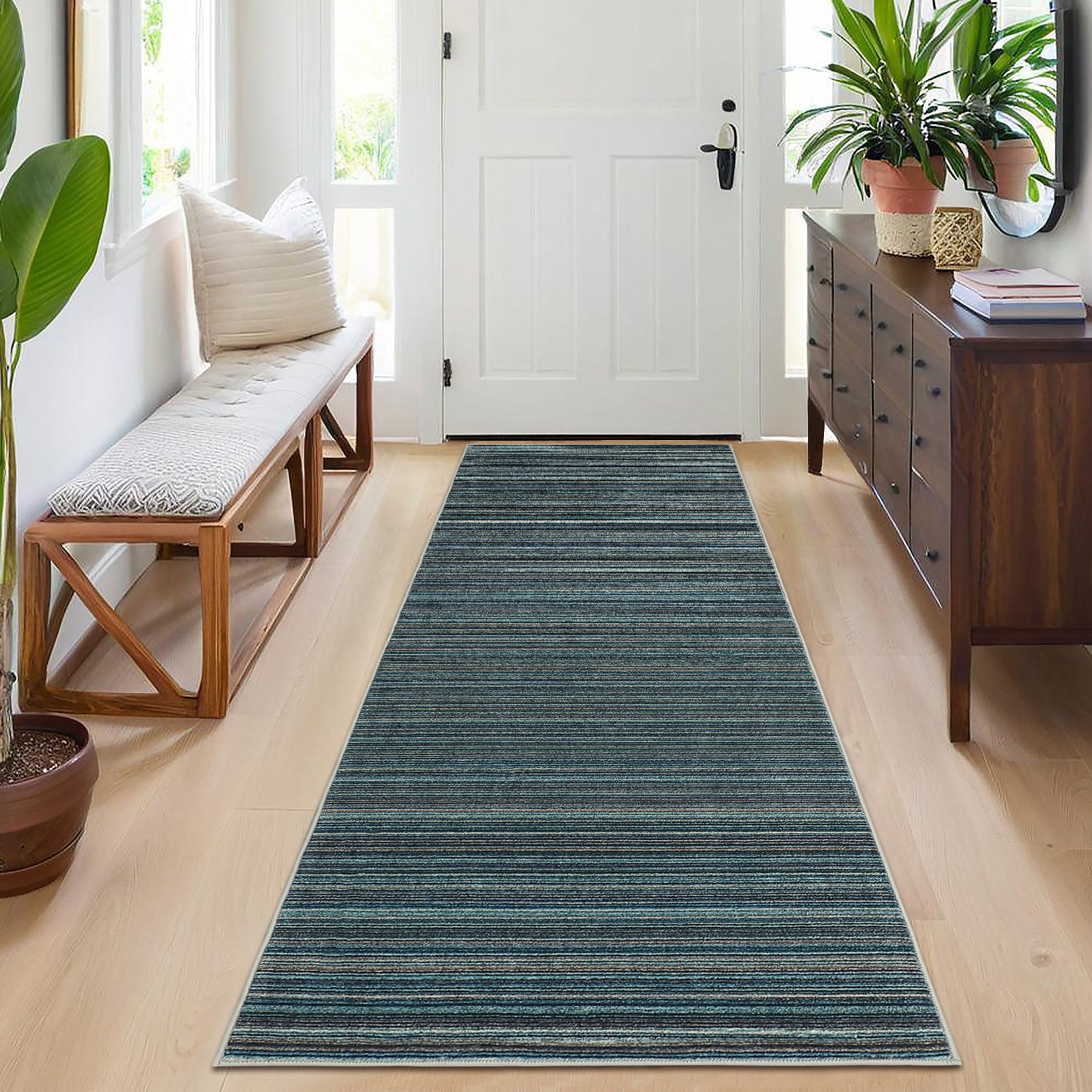 Garvee Modern Striped Washable Area Rug - Low Pile Non-Slip Contemporary Carpet - Soft, Collapsible, Mark Resistant Floor Mat for Living Room, Bedroom, Nursery, Office - Blue, 9x12ft (274x366cm)
