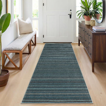 Garvee Modern Striped Washable Area Rug - Low Pile Non-Slip Contemporary Carpet - Soft, Collapsible, Mark Resistant Floor Mat for Living Room, Bedroom, Nursery, Office - Blue, 9x12ft (274x366cm)