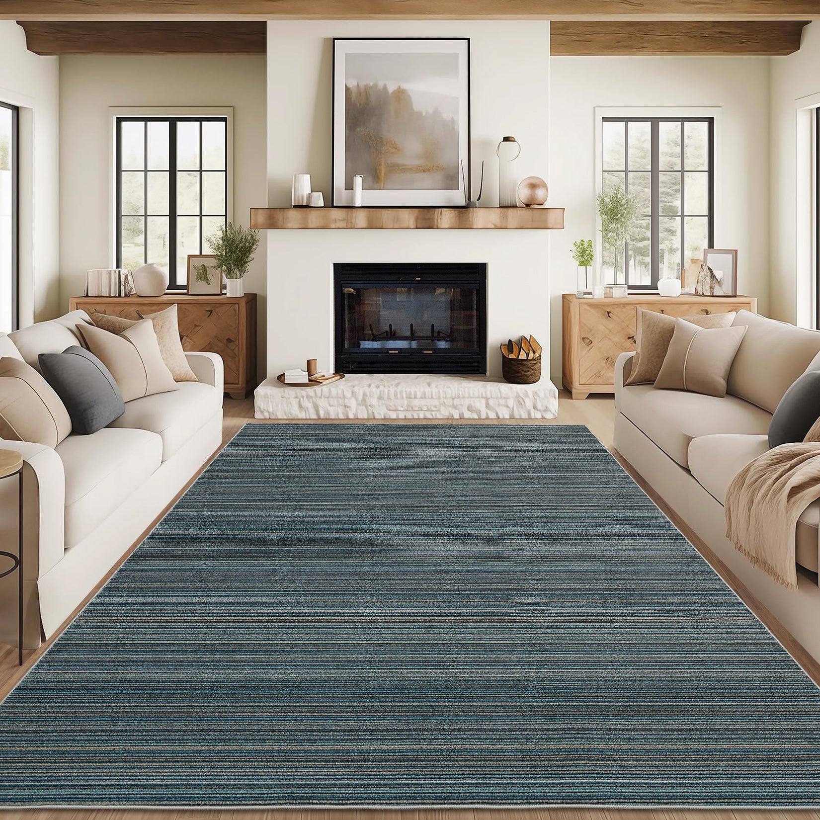 Garvee Modern Striped Washable Area Rug - Low Pile Non-Slip Contemporary Carpet - Soft, Collapsible, Mark Resistant Floor Mat for Living Room, Bedroom, Nursery, Office - Blue, 9x12ft (274x366cm)