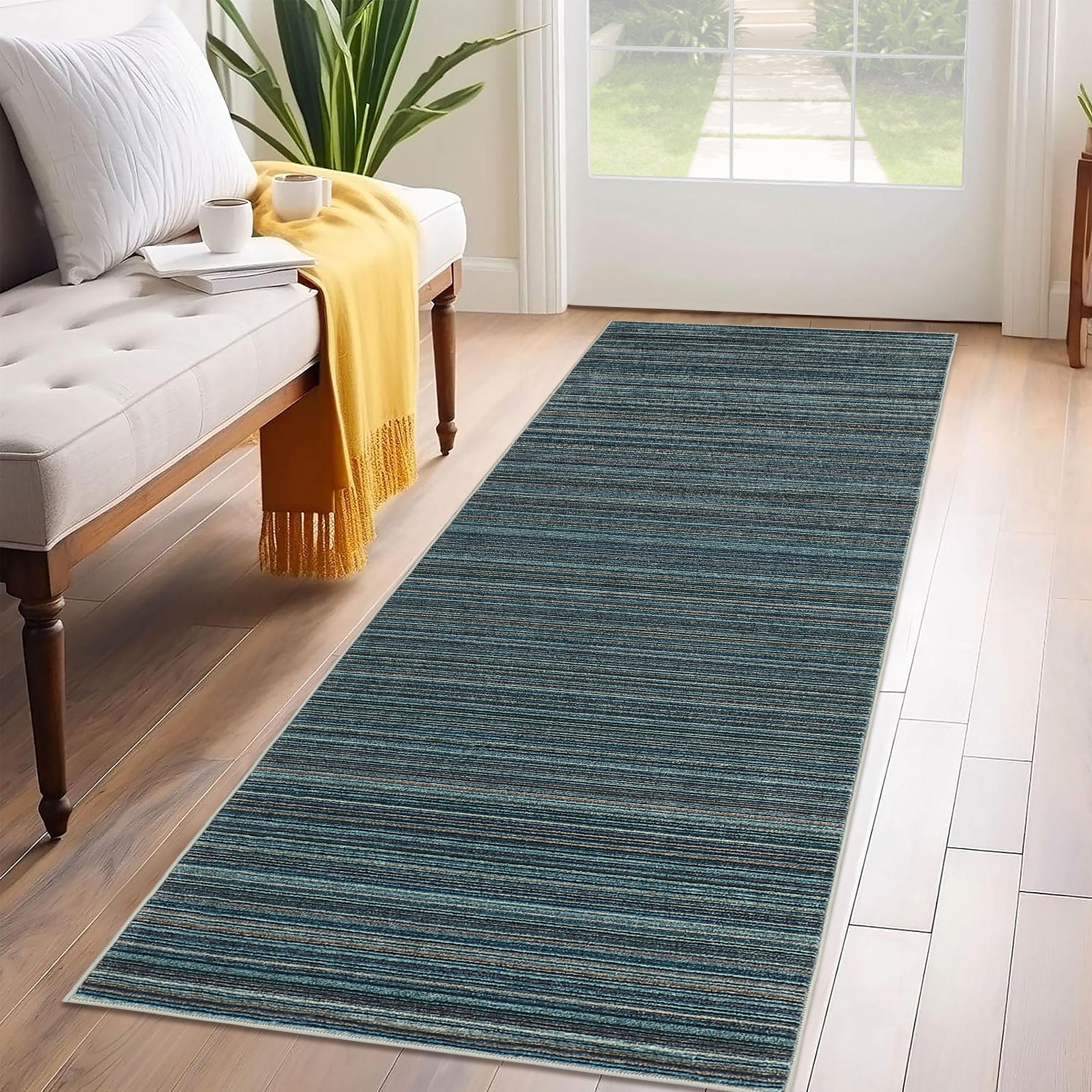 Garvee Modern Striped Washable Area Rug - Low Pile Non-Slip Contemporary Carpet - Soft, Collapsible, Mark Resistant Floor Mat for Living Room, Bedroom, Nursery, Office - Blue, 9x12ft (274x366cm)