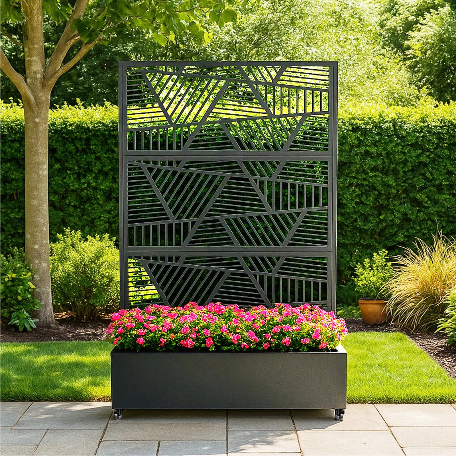 Garvee black metal privacy screen with planter box in garden