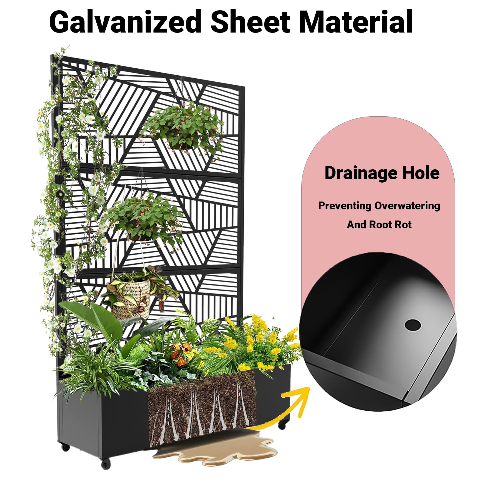 Galvanized sheet material and drainage hole of planter privacy screen