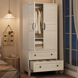 Garvee Tall Wood Armoire Wardrobe Closet with 2 Drawers, Hanging Rod & 18 Adjustable Shelves – Freestanding Bedroom Storage Cabinet with Doors, Space-Saving Organizer, Rustic White, Color: White