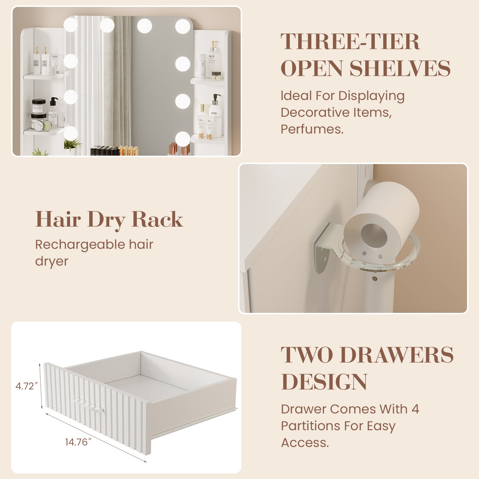 Three-tier open shelves and hair dryer rack on vanity desk