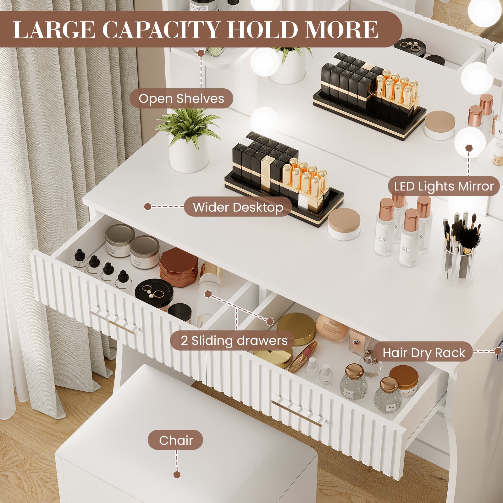 Wider desktop and large-capacity storage with two sliding drawers