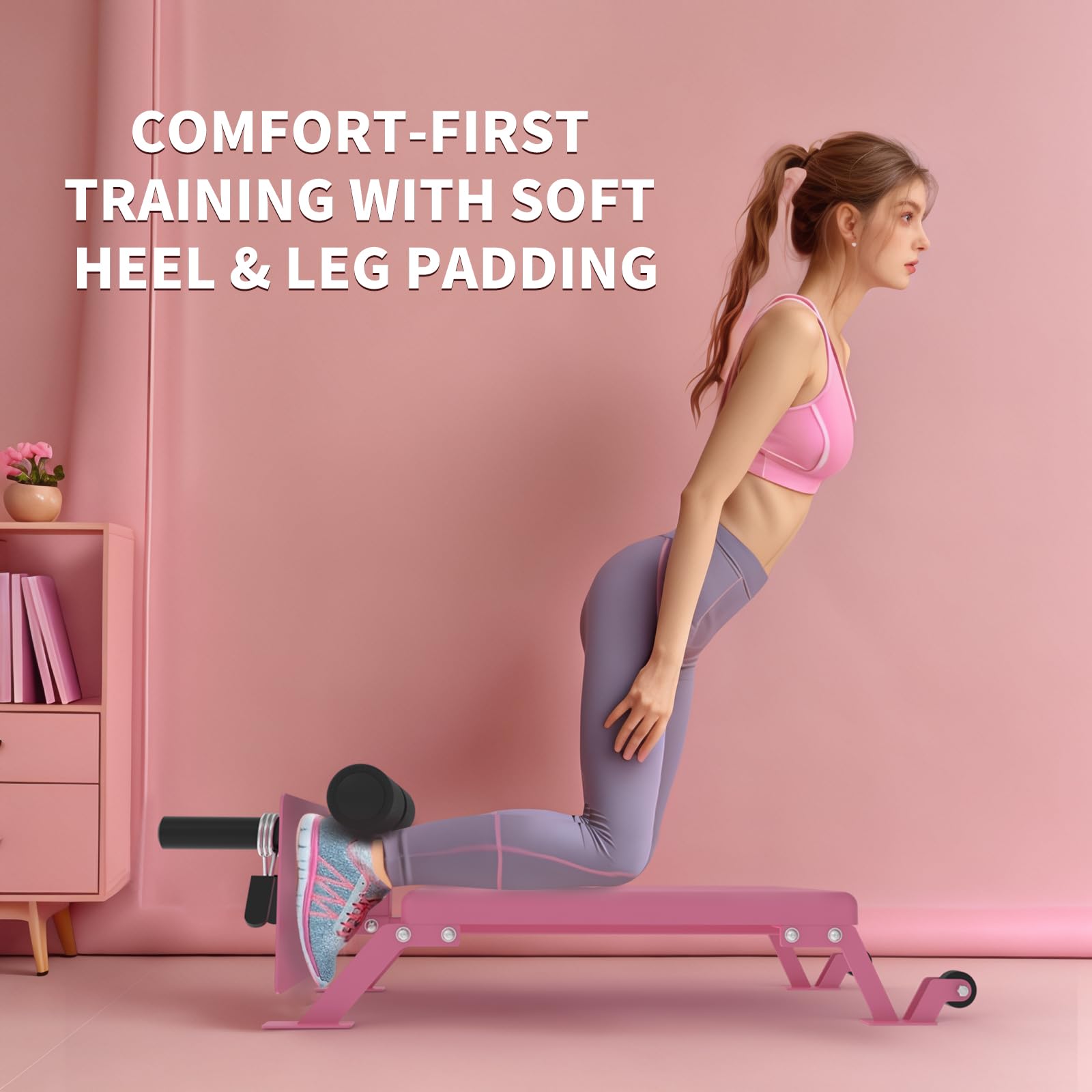 Garvee Banc de Musculation Réglable Ischio-jambiers et Fessiers avec Roues pour Gymnastique à Domicile 116,6x45,7x34,8 cm Rose