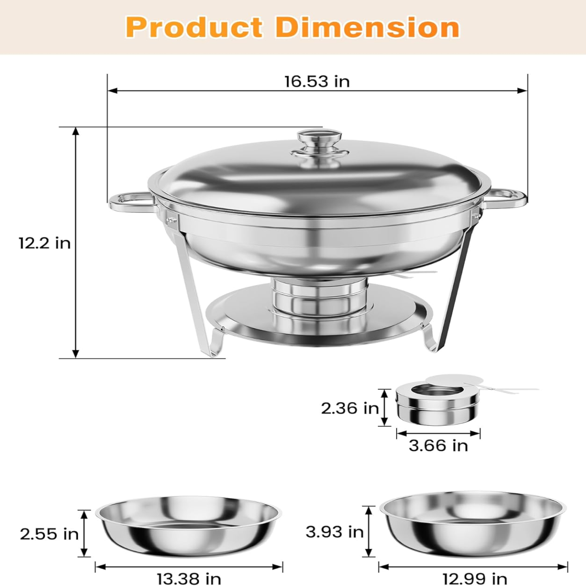 Garvee 4 Pack 5 QT Stainless Steel Chafing Dishes with Lid for Buffet Parties Weddings Events Silver