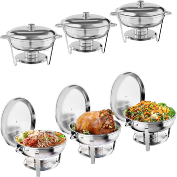 Garvee 6 Pack 5QT Round Chafing Dishes with Lid Holder, Spoon & Tweezers for Buffet, Parties, Weddings, Events, Banquet, Silver